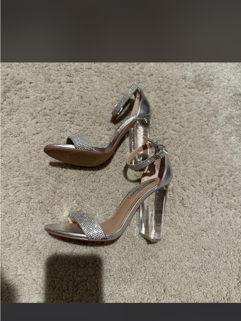 Steve Madden Silver Rhinestone Block-Heel Sandals - Picture 2 of 6